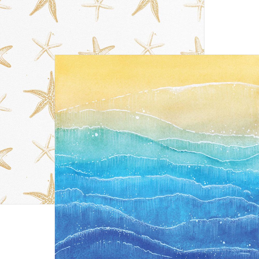 P-2173E - Scrapbook Paper - Painted Waves - Decorative scrapbook paper featuring layered ocean waves in blue and turquoise with gold starfish border on cream background
