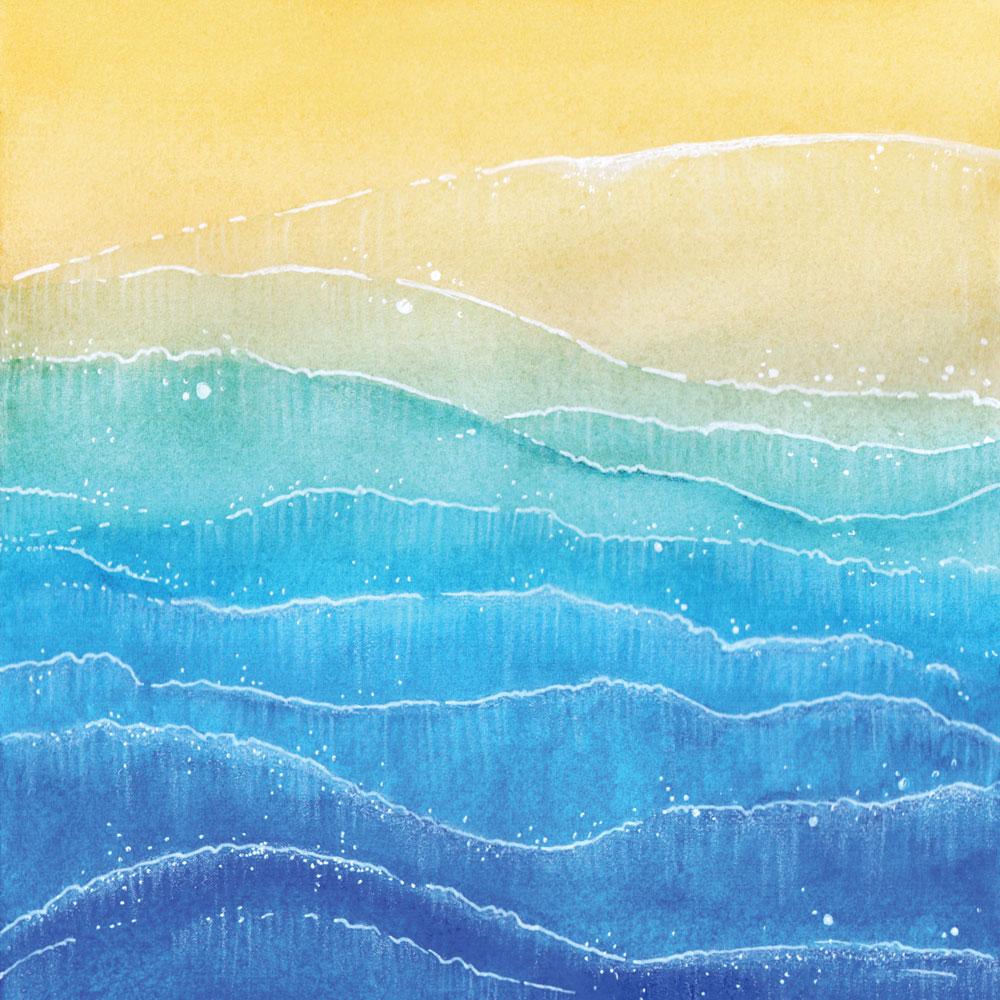 P-2173E - Scrapbook Paper - Painted Waves - Layered ocean waves in gradient blues and yellows with white foam details and speckled texture