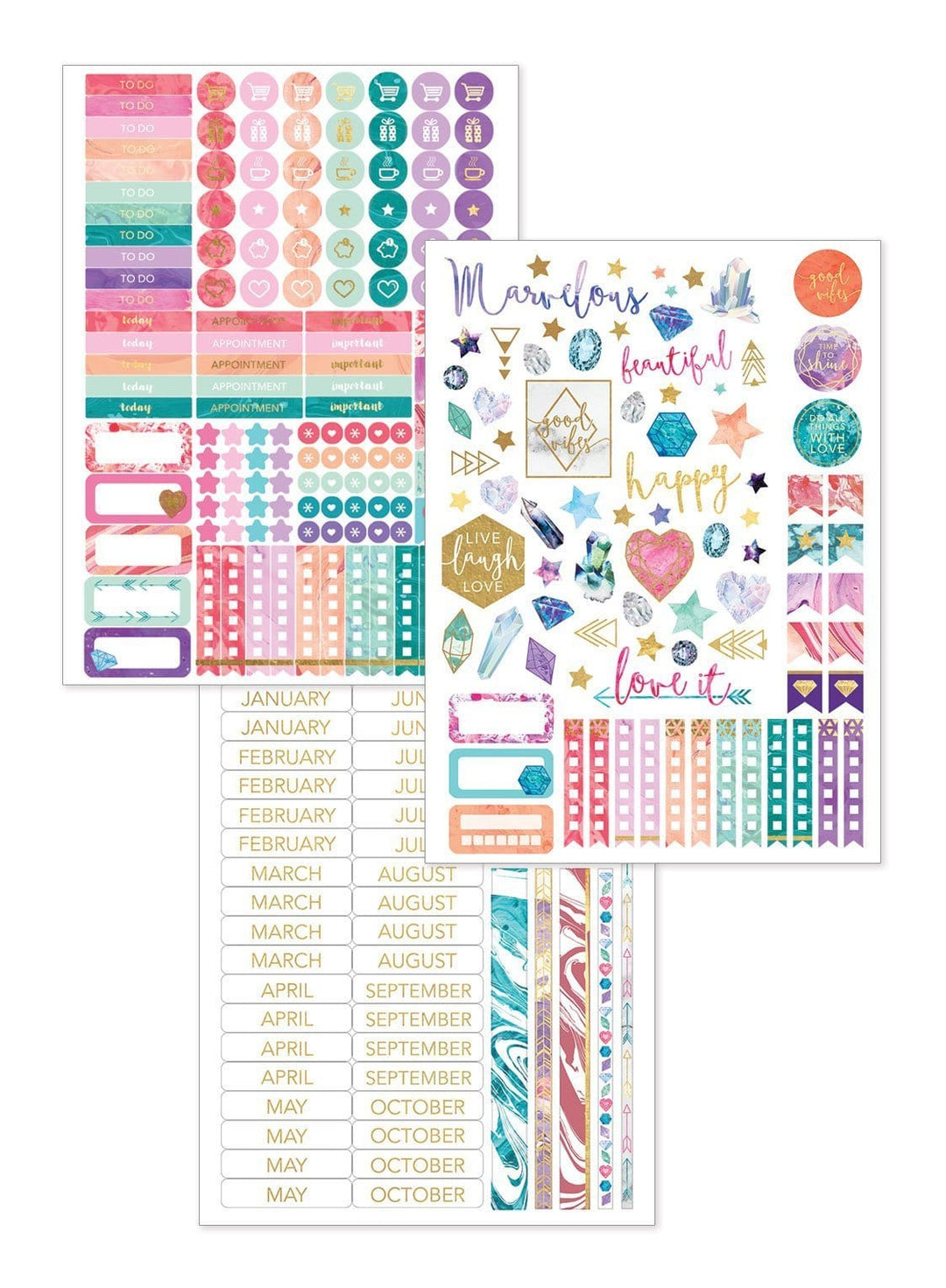 Blue Marble weekly planner image featuring three sheets of colorful stickers.