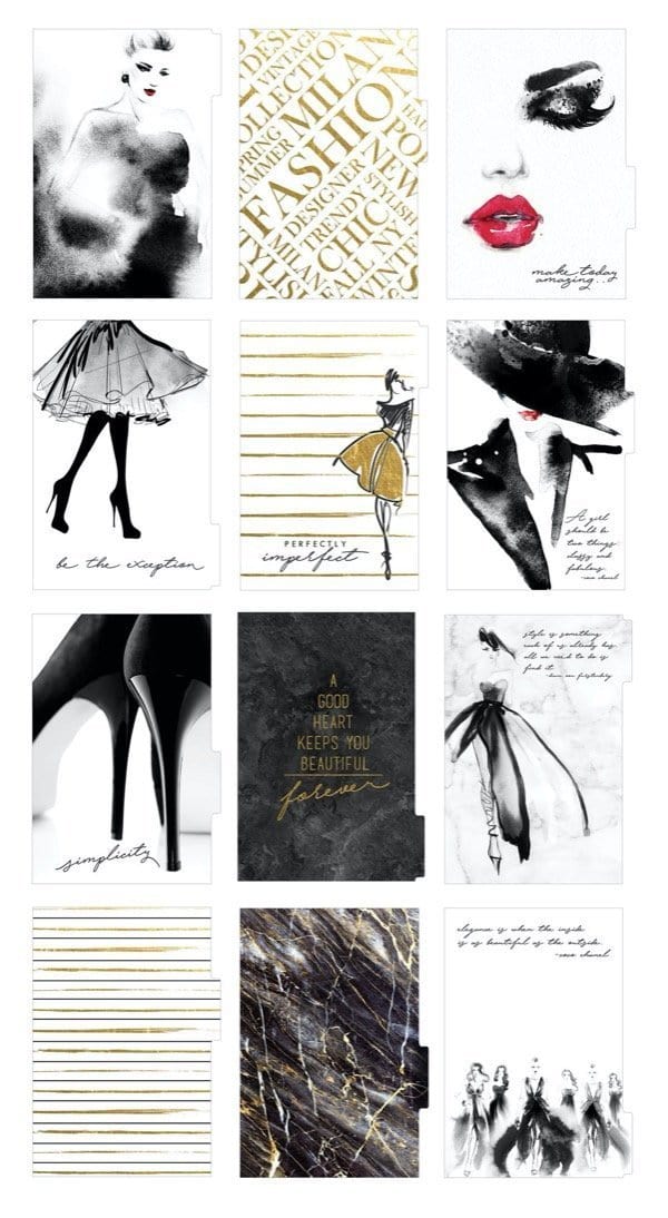 Mini weekly planner image showing twelve dividers featuring black and gold illustrations.