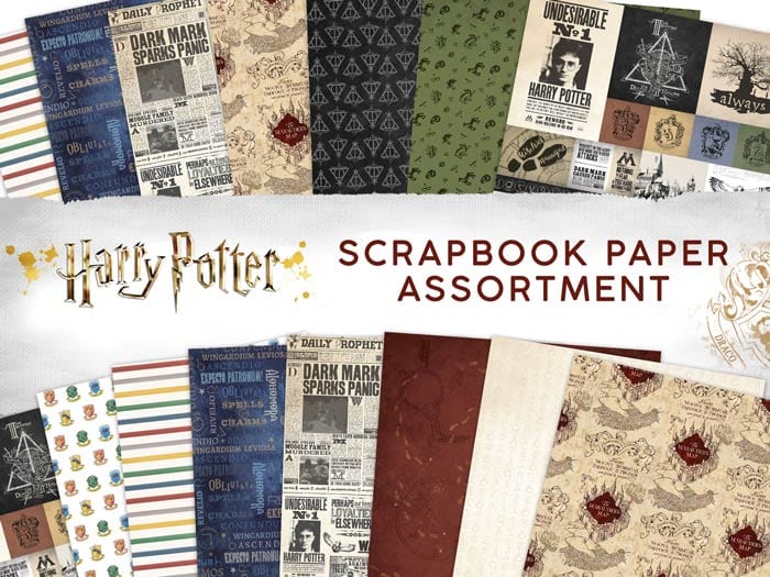 PSET-0005E - Harry Potter Scrapbook Paper Set - Assorted Harry Potter themed scrapbook papers featuring newspapers, maps, patterns, and character designs in blue, cream, green, and burgundy