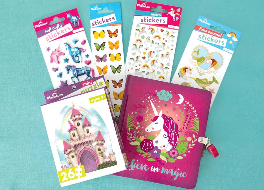SET-0030E - Kids Gift Set - Magical - Bright turquoise background with pink diary, butterfly and animal stickers, unicorn puzzle, and assorted colorful Playhouse brand sticker packs