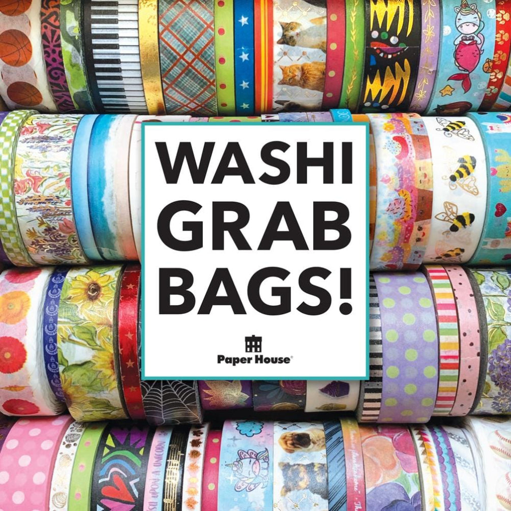 SET-0059E - Washi Tape - Grab Bag - Colorful rolls of decorative washi tape with various patterns including florals, polka dots, stripes, and animals arranged in rows around a central white label
