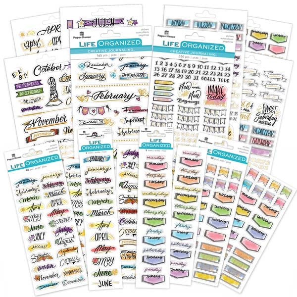 SET-0140E - Planner Stickers - Creative Journaling Weekly &amp; Monthly Sticker Bundle - Colorful planner sticker sheets featuring month labels, day-of-week headers, numbered calendar dates, decorative banners, and task boxes in various fonts and pastel colors