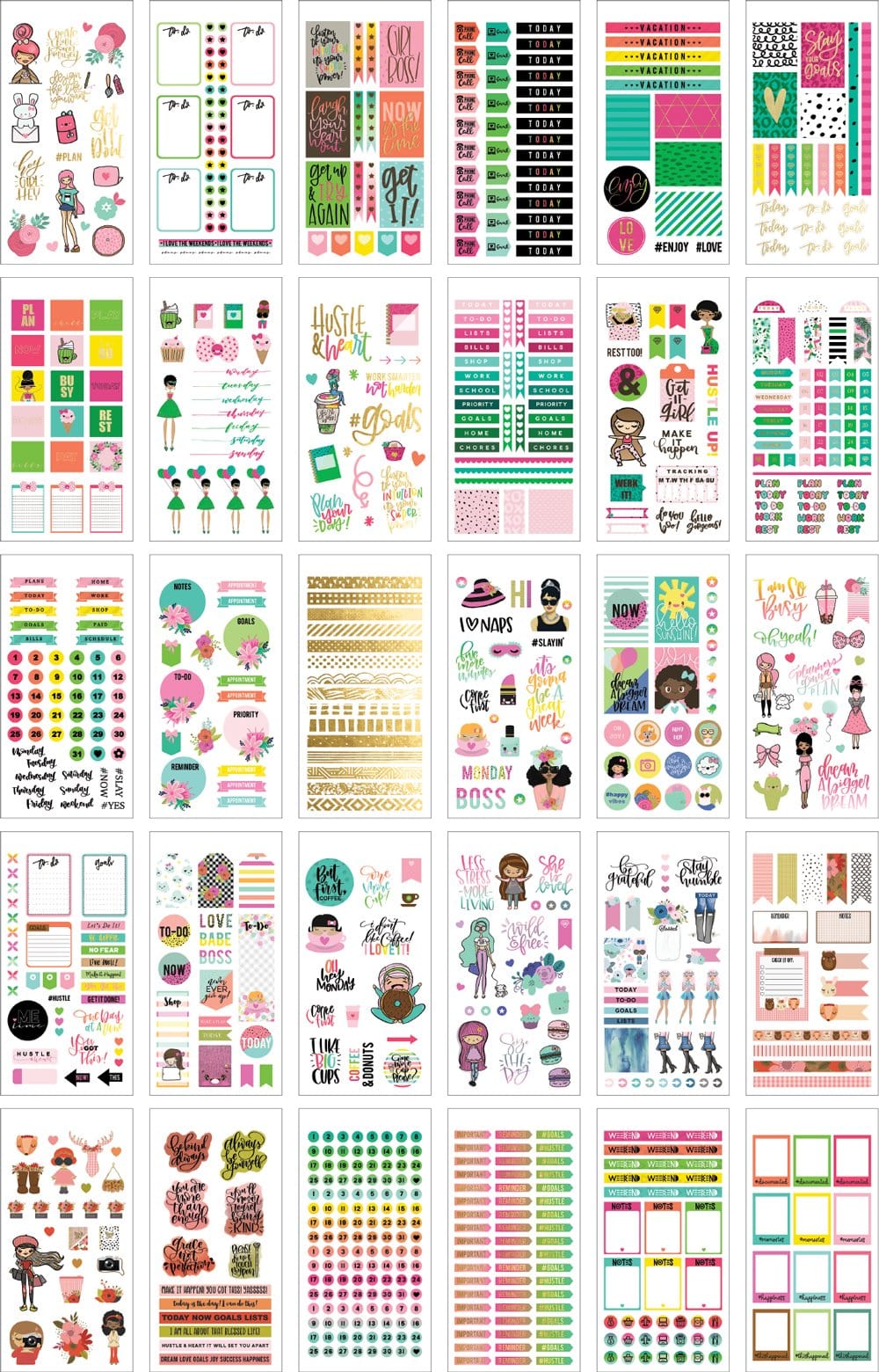 Thirty sheets of colorful planner stickers are shown in this image featuring colorful illustrations with gold details.