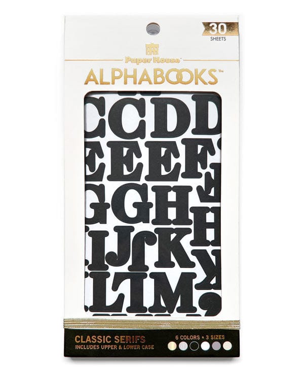 STBK-1000E - Alphabet Stickers - Alphabooks Classic Serifs - Package of black and white serif alphabet stickers with 30 sheets in 6 colors and 3 sizes