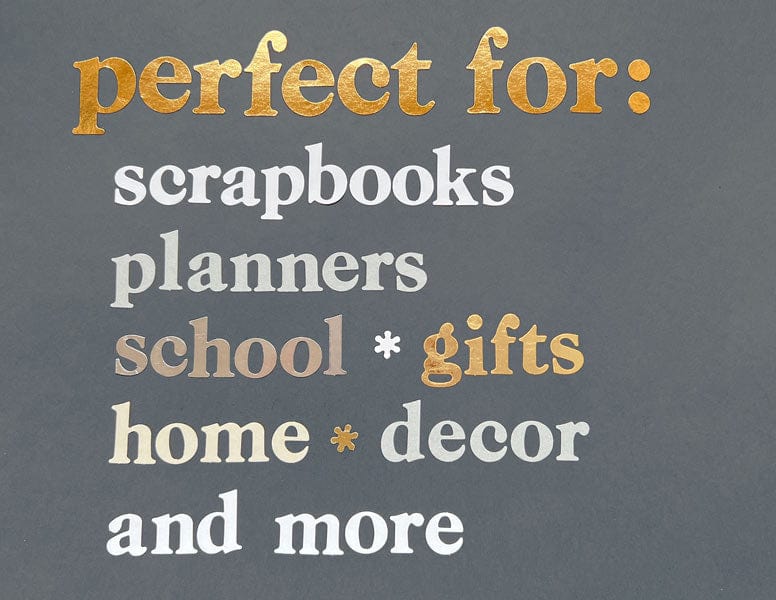 STBK-1000E - Alphabet Stickers - Alphabooks Classic Serifs - Gold and white alphabet sticker sheet on gray background listing uses: scrapbooks, planners, school gifts, home decor