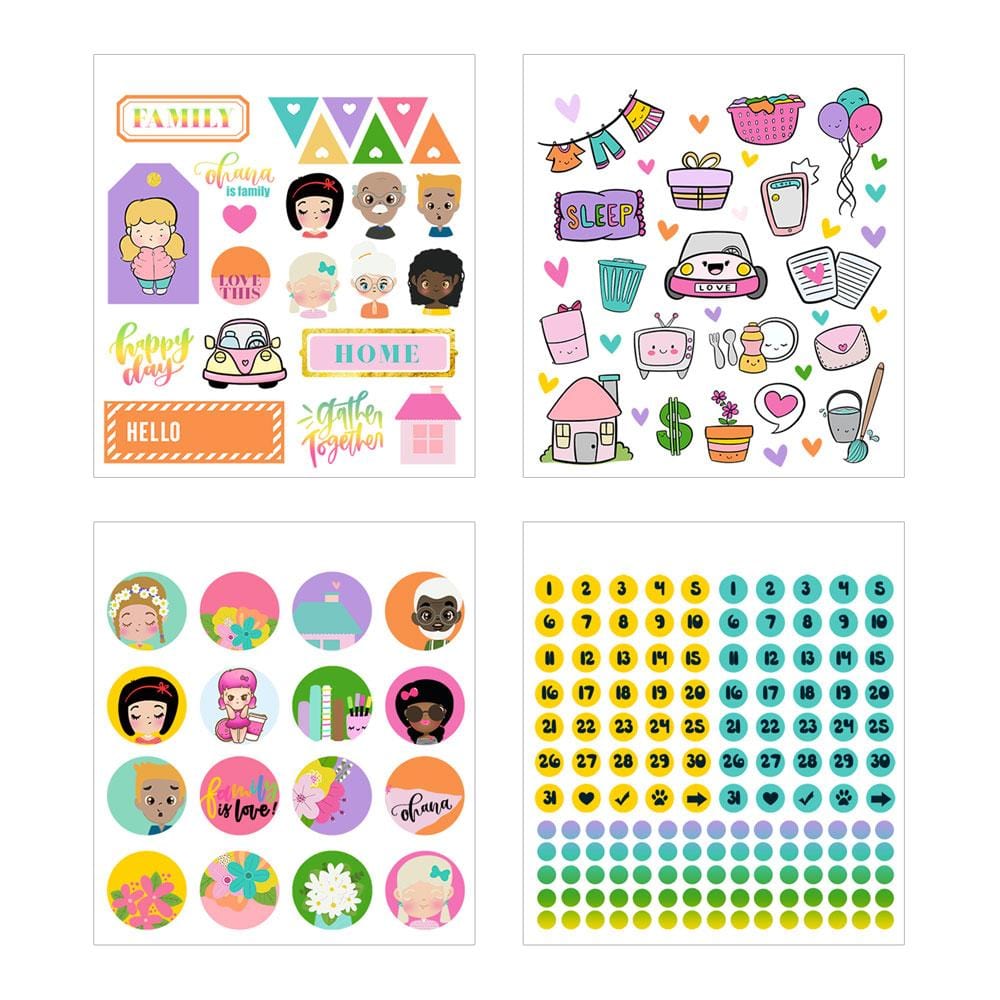 Four sheets of planner stickers are shown in this image featuring colorful illustrations of family members, inspirational sentiments, numbers, florals and gold details.