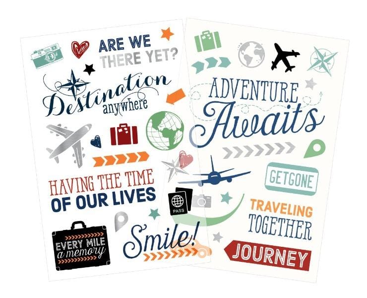 scrapbook stickers featuring illustrations of airplanes, luggage, cameras and words of travel, shown  overlapping another sheet of stickers on white background.