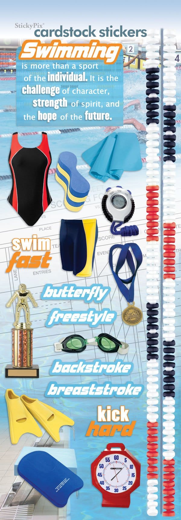STCX-0089E - Scrapbook Stickers - Swimming - Swimming-themed cardstock stickers featuring swim strokes, equipment, medals, and motivational quotes on a pool background