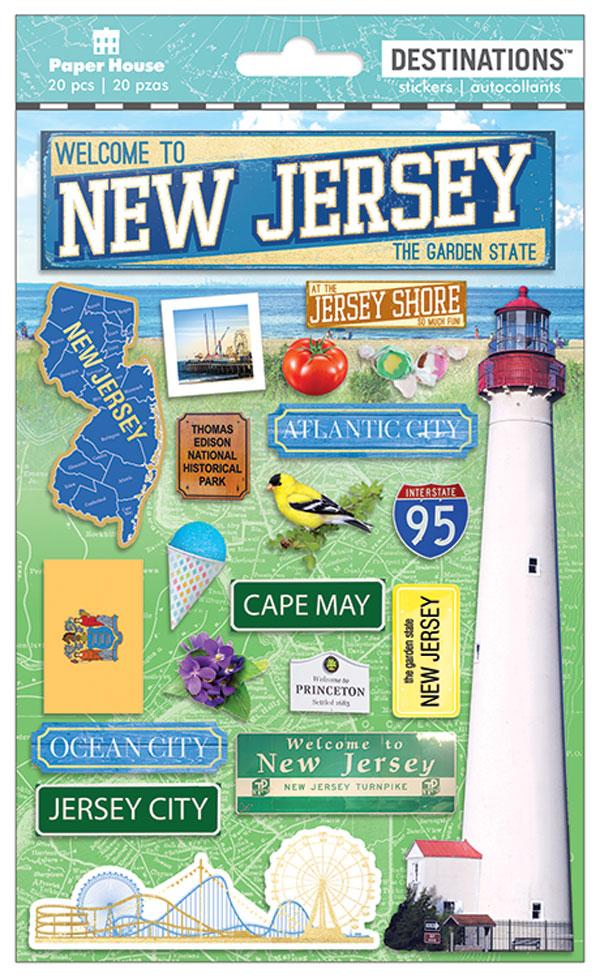 3D scrapbook sticker featuring New Jersey imagery including a lighthouse and roller coaster.