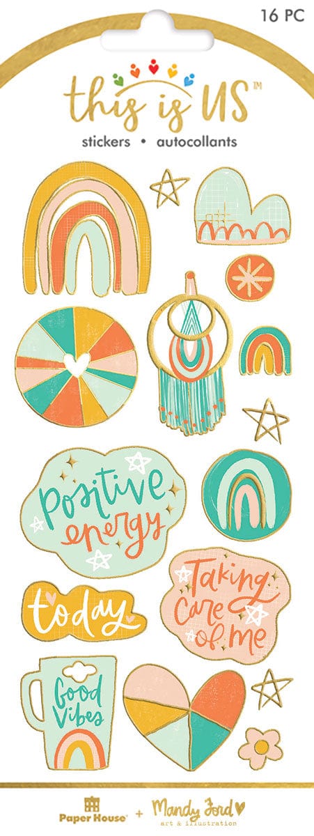 foil stickers featuring teal and orange rainbows, hearts and inspirational text with gold details, shown in package.