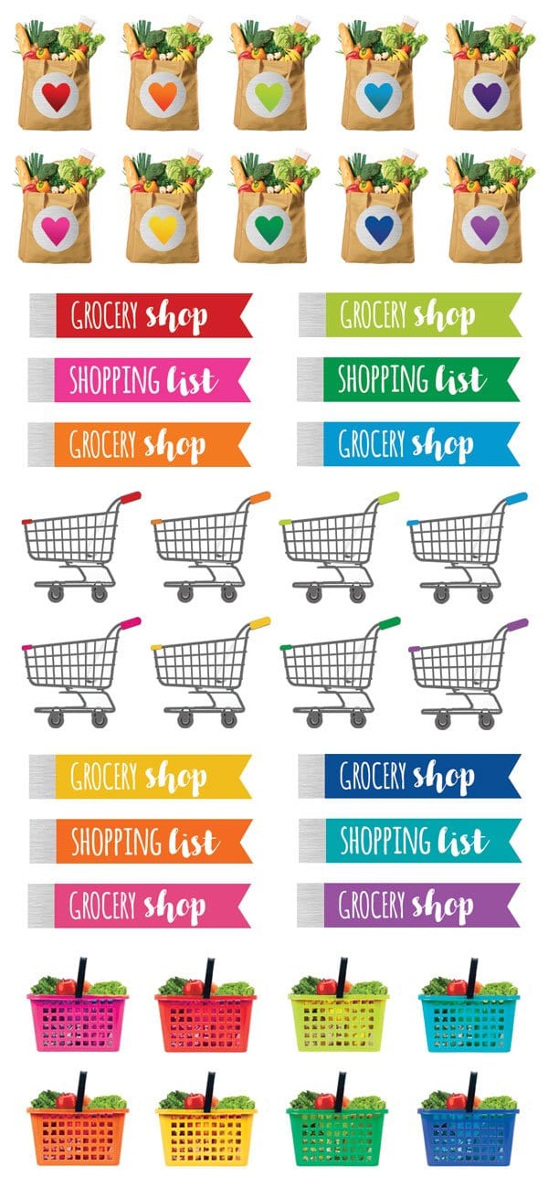 planner stickers featuring colorful grocery functional stickers with silver details.