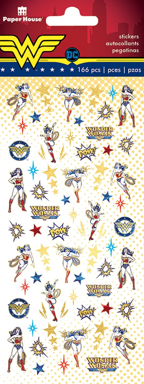 STM-7005E - Stickers For Kids - Mini Wonder Woman - Wonder Woman sticker sheet with 166 gold and red star designs on cream background