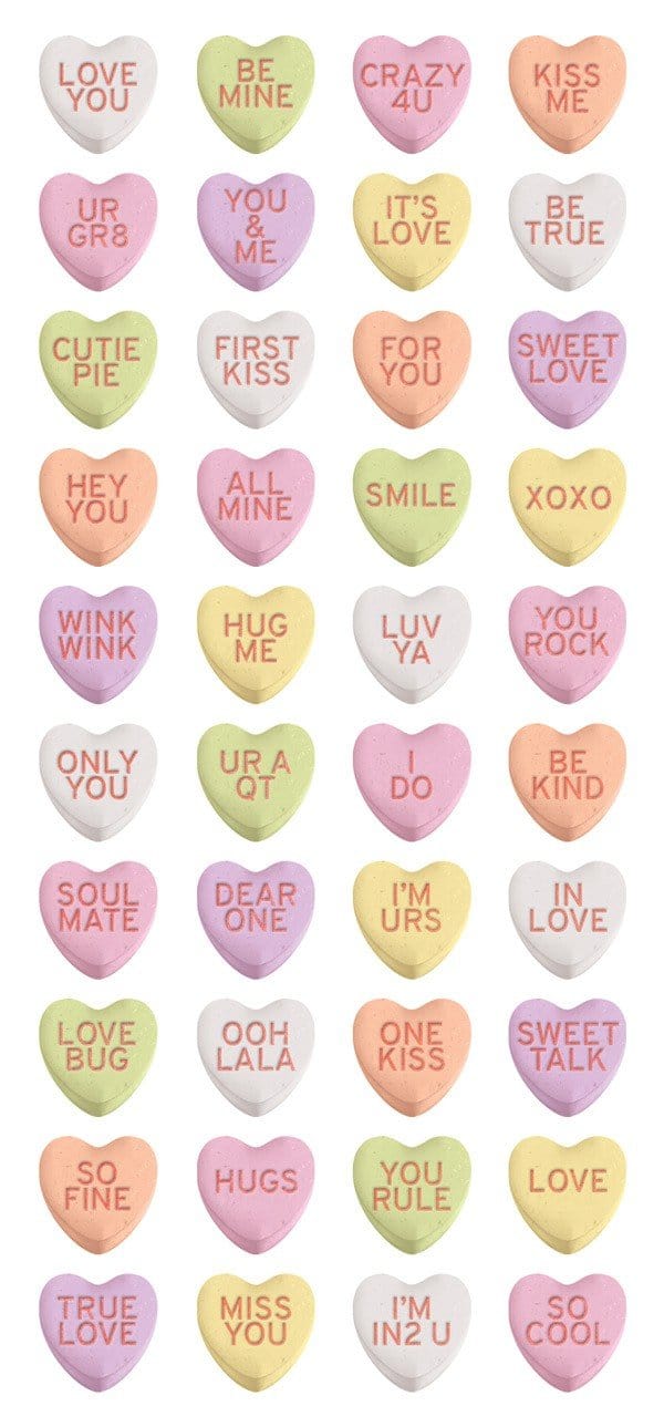 STP-0028E - Puffy Stickers - Valentines - Colorful puffy heart stickers with Valentine's messages in pastel pink, purple, yellow, green, and white