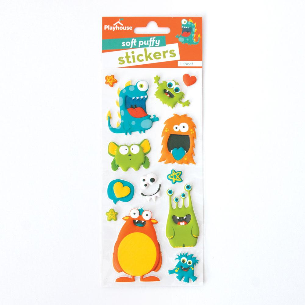 puffy stickers featuring colorful, playful monsters shown in package on white background.