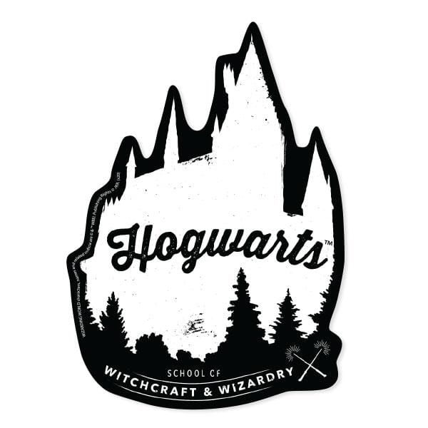 Shaped Harry Potter laptop sticker featuring a silhouette of the Hogwarts castle in black and white.