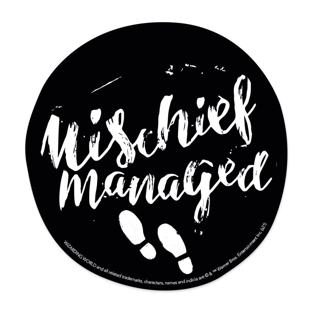 vinyl laptop sticker featuring Harry Potter Mischief Managed on black, circle background.