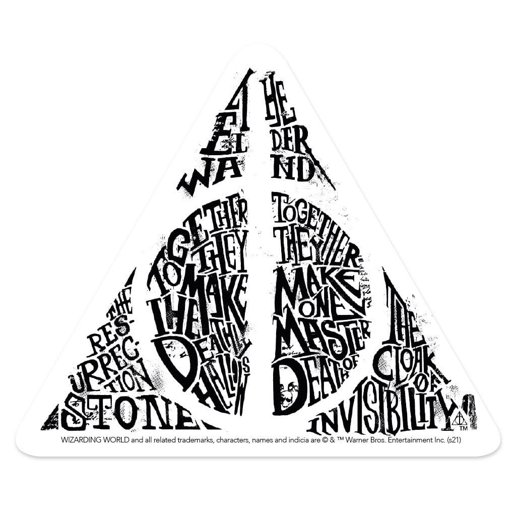 vinyl laptop sticker featuring Harry Potter Deathly Hallows design shown black on white.