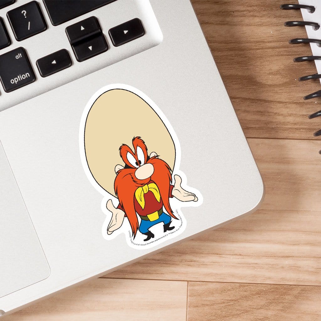 Yosemite Sam vinyl laptop sticker shown adhered to a laptop.