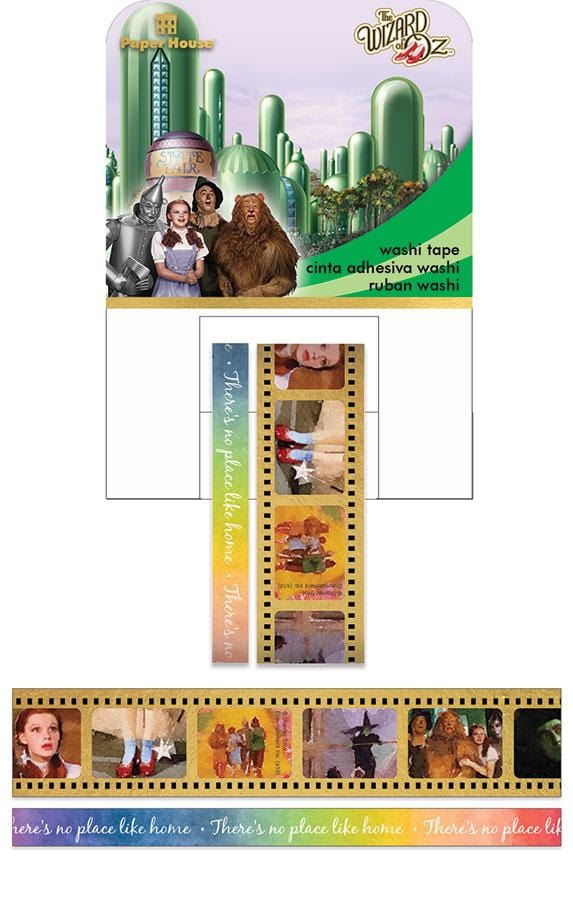 STWA-0021E - Washi Tape Set - Wizard of Oz - Washi tape set featuring Emerald City skyline, film strip scenes, and "There's no place like home" text in green and pastel colors