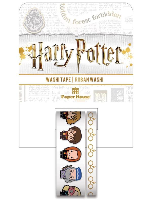 STWA-0049E - Washi Tape Set - Harry Potter Chibi - Harry Potter washi tape roll featuring chibi character designs and golden ring patterns on white background